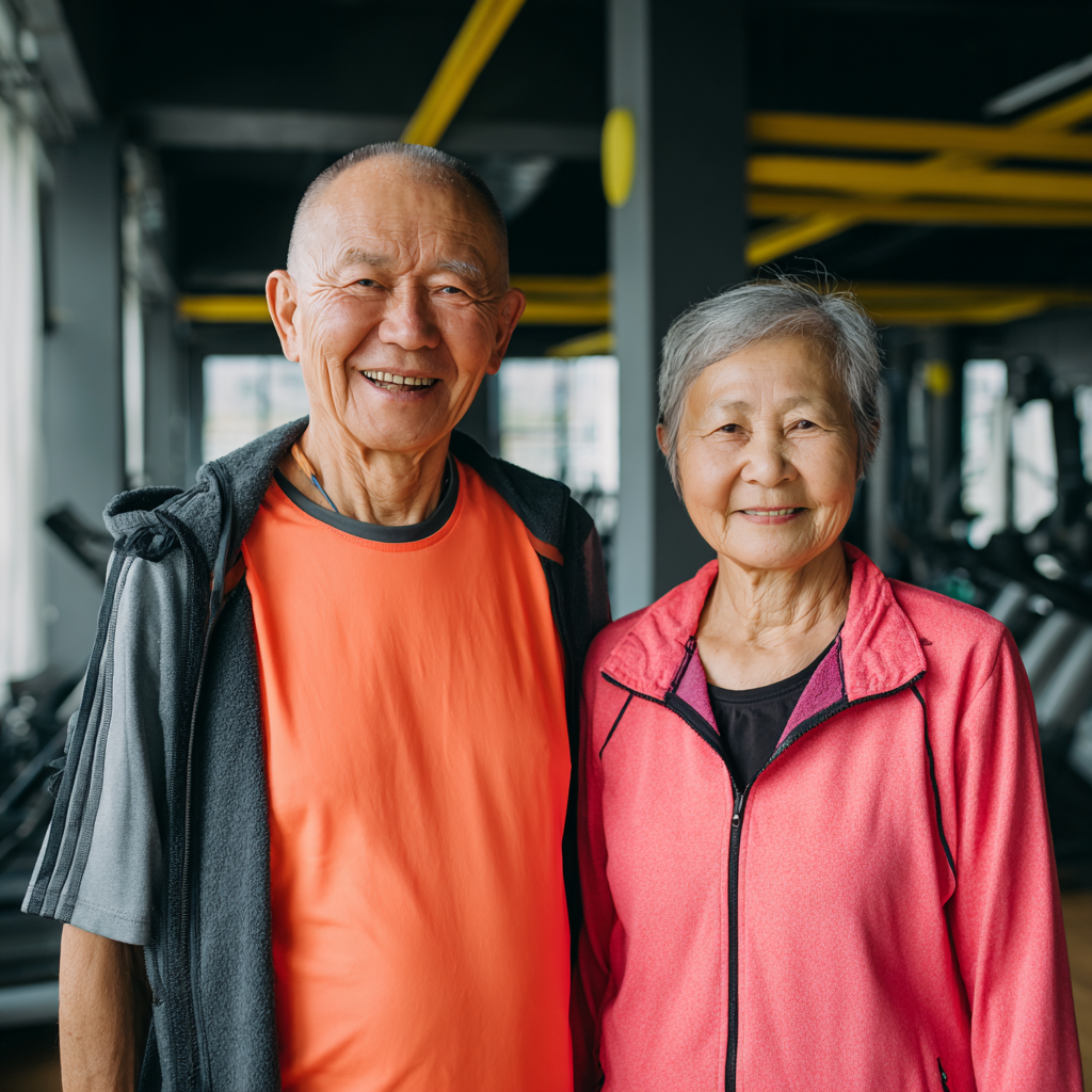 Улыбающиеся пожилые европейские люди занимаются фитнесом в современном спортзале, демонстрируя активный образ жизни